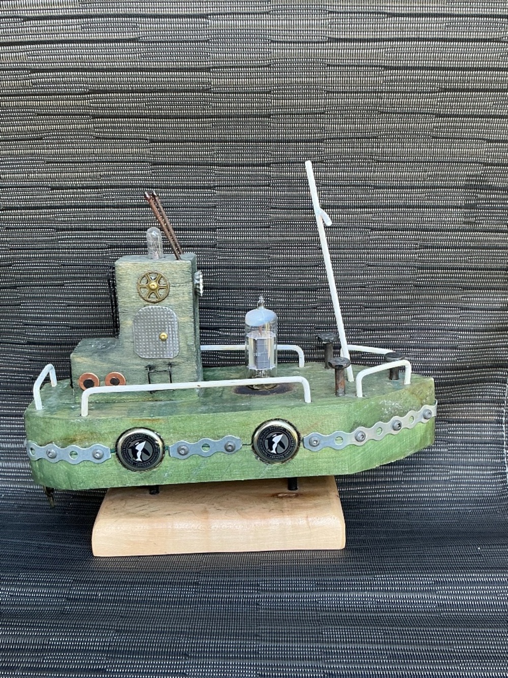 Folk Art Wooden Tug Boat Sculpture Steampunk Nautical Upcycled Signed 10.5in